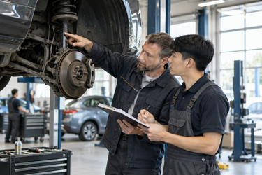 Kỹ thuật viên ô tô sử dụng thiết bị chẩn đoán để kiểm tra xe trong xưởng hiện đại tại Đức