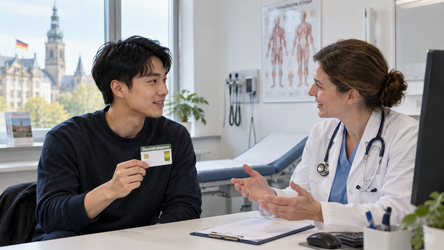 Người lao động trao đổi với bác sĩ về bảo hiểm y tế tại Đức