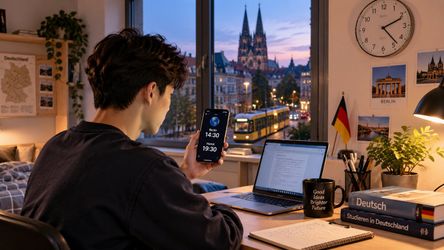 Du học sinh tại Đức kiểm tra giờ Berlin và Hà Nội trước khi liên lạc về Việt Nam