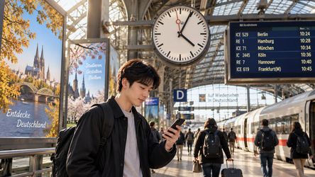 Ga tàu tại Đức với đồng hồ lớn minh họa việc thay đổi giờ theo mùa