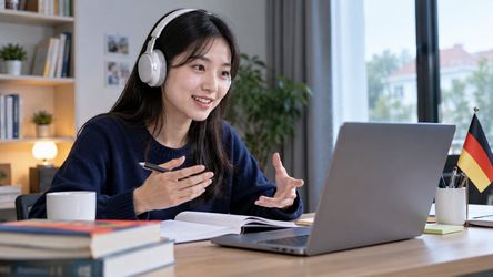 Học viên học tiếng Đức trực tuyến tại nhà bằng laptop và tài liệu cá nhân