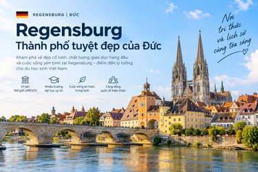 Phố cổ Regensburg bên sông Danube với cầu đá và kiến trúc lịch sử