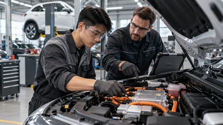 Người hướng dẫn giải thích hệ thống phanh và treo ô tô cho học viên trong xưởng thực hành