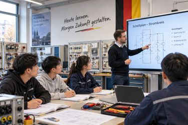 Minh họa lớp học kỹ thuật điện và sơ đồ mạch trong chương trình Ausbildung tại Đức
