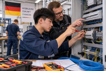 Minh họa học viên Ausbildung thực hành tủ điện cùng người hướng dẫn tại Đức