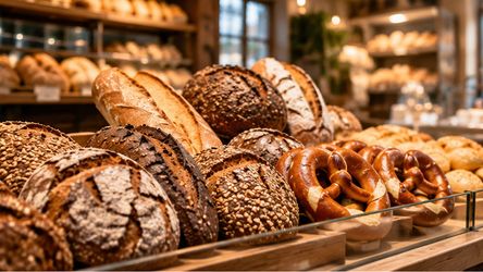 Các ổ bánh mì và bánh Brezel trên quầy tiệm bánh