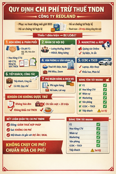 4. CÁC LOẠI THUẾ & LỆ PHÍ ÁP DỤNG CHO DOANH NGHIỆP MÔI GIỚI BĐS – REDLAND (NĂM 2026)