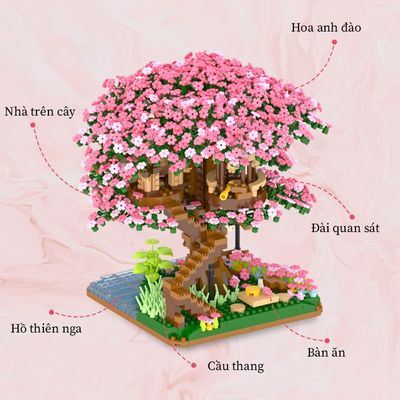 Bộ đồ chơi lắp ráp hoa anh đào dạng ngôi nhà trên cây, mô hình lắp ráp bonsai cây cảnh