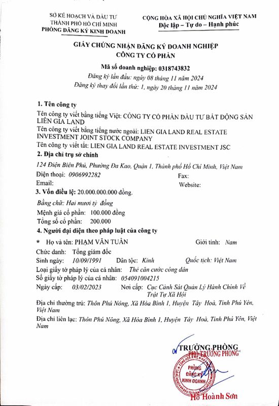Giấy phép kinh doanh Liên Gia Land