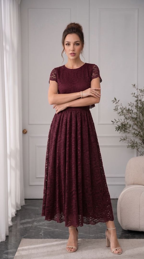 Burgundy Lace Midi Dress