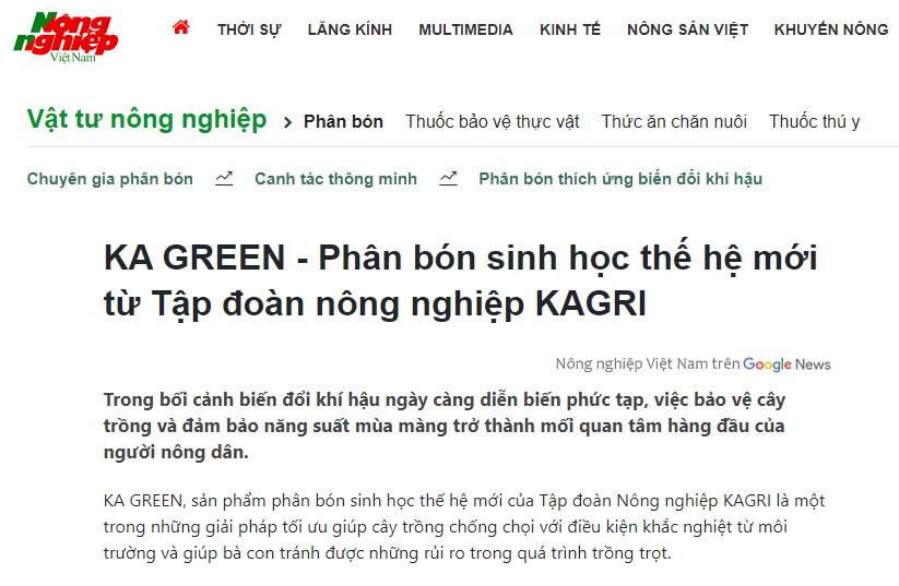 Báo Nông Nghiệp Việt Nam đưa tin về KA GREEN