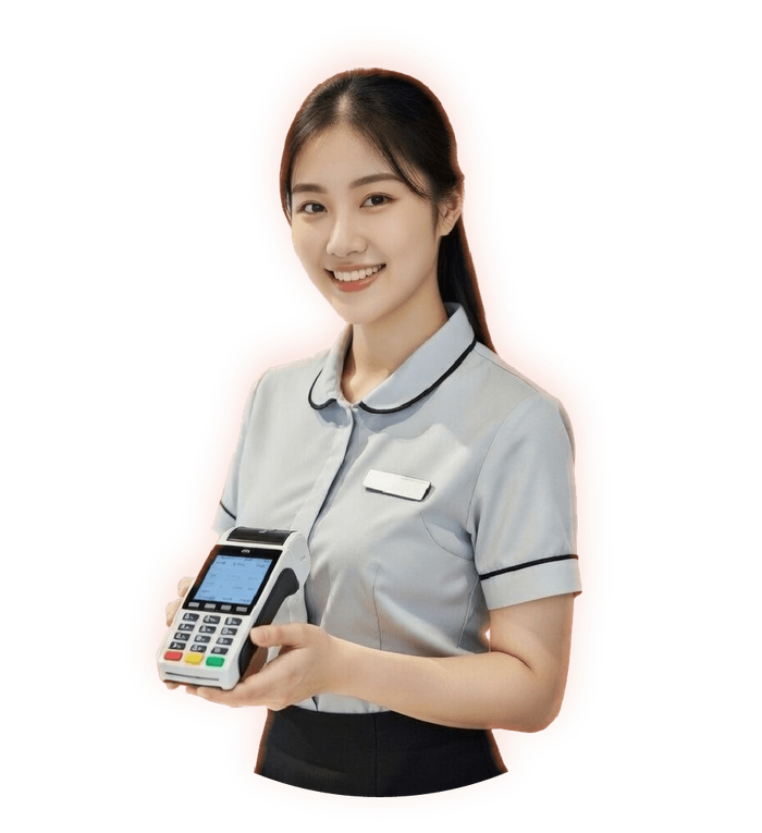 Nhân viên bán lẻ cầm máy thanh toán - minh họa giải pháp LadiBoost Bán lẻ