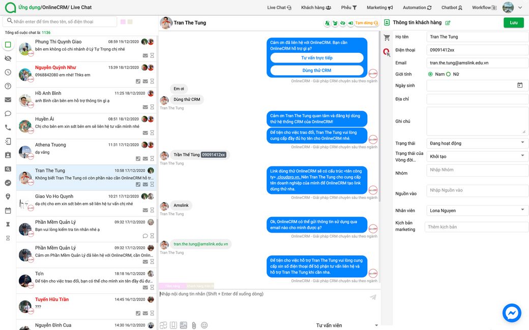 Màn hình tích hợp Chatbot Hana với phần mềm CloudPro CRM