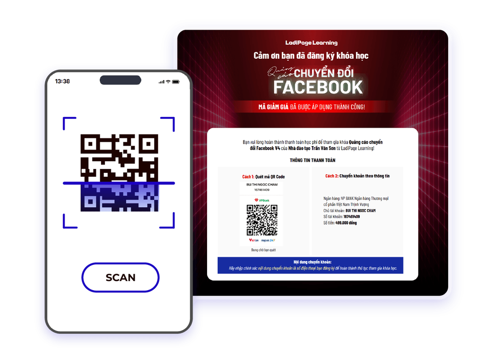 Trang cảm ơn đăng ký khóa học với mã QR thanh toán